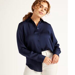 Quince Navy Washable Stretch Silk Blouse (S)